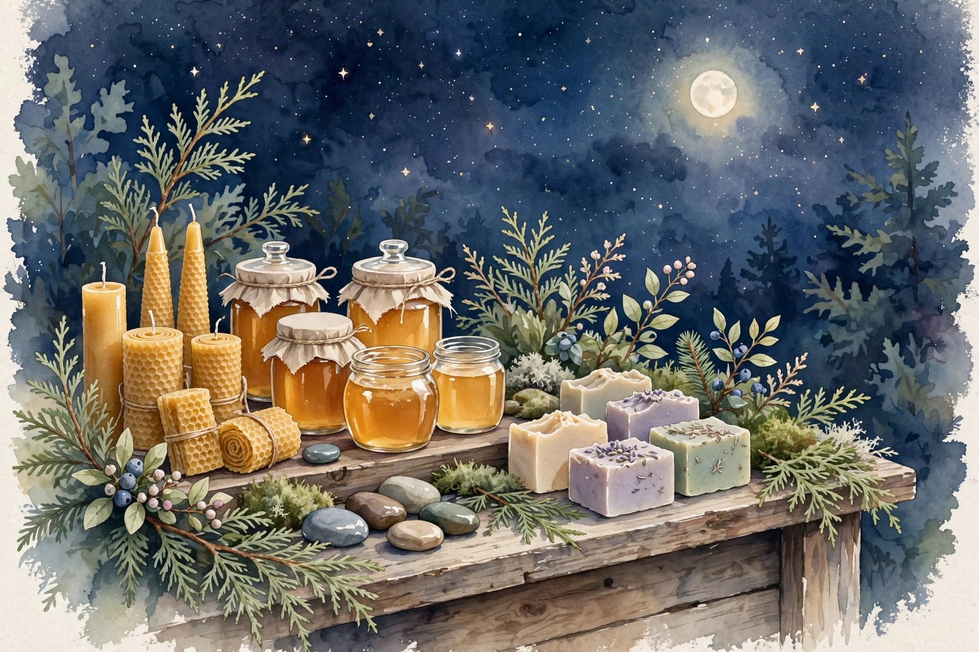 Illustration d'un étal d'artisan sous la pleine lune : chandelles de cire d'abeille, pots de miel, savons artisanaux, pierres polies et plantes boréales
