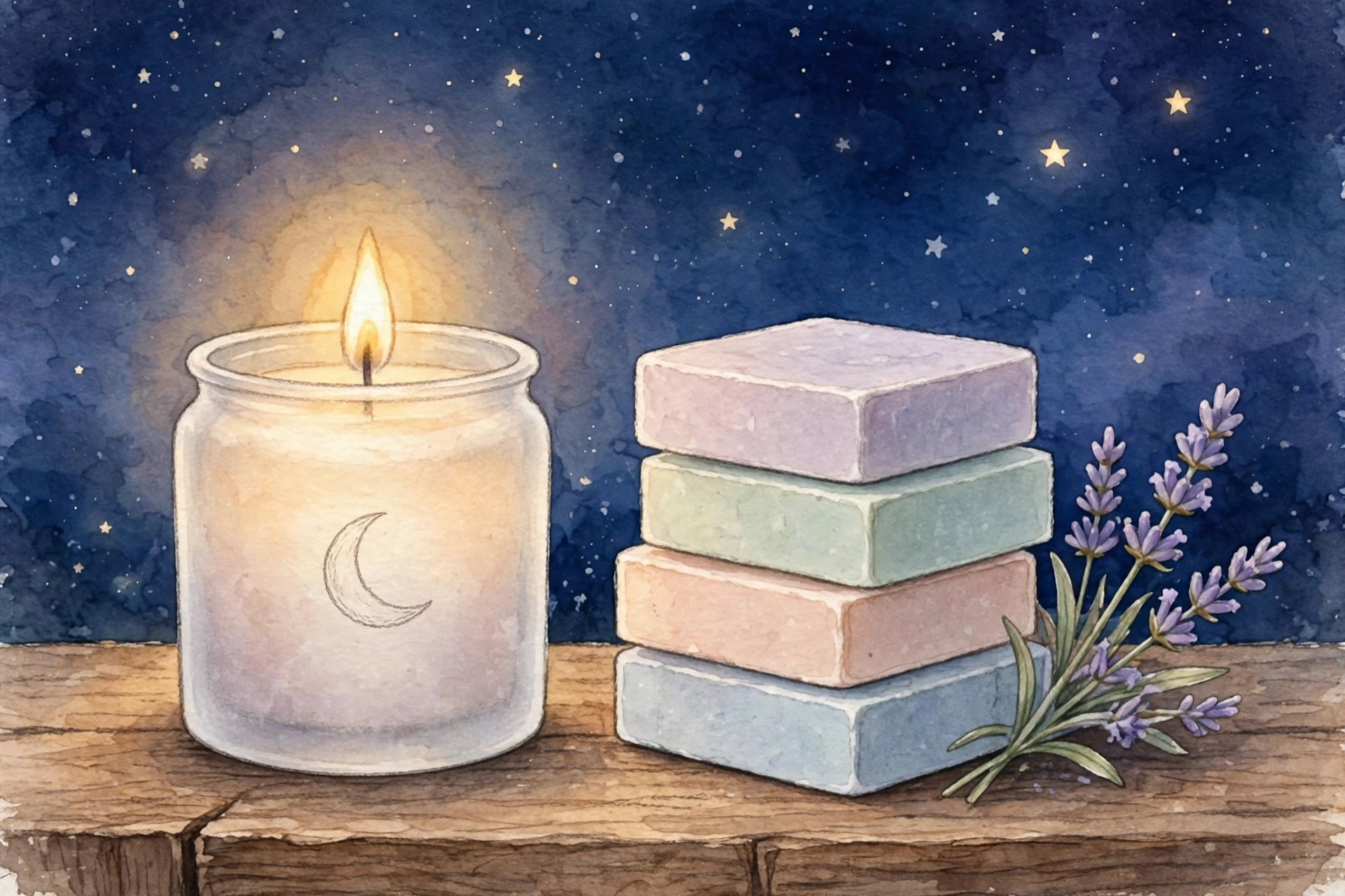 Illustration d'une bougie allumée marquée d'un croissant de lune, à côté de savons artisanaux pastel et d'un brin de lavande