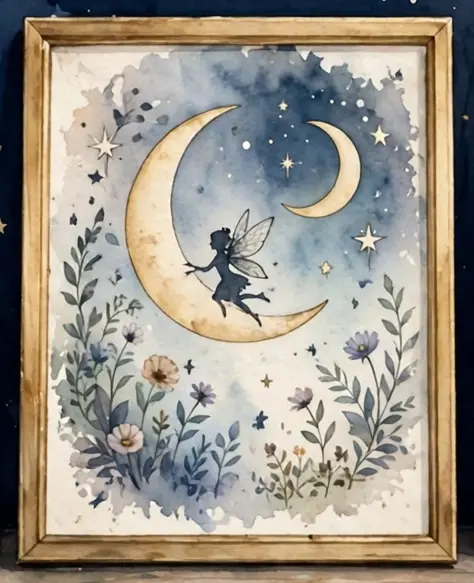 La peinture « La fée sous le croissant » de Kathy, dans son cadre doré : une petite fée assise sur un croissant de lune, entourée de fleurs et d'étoiles