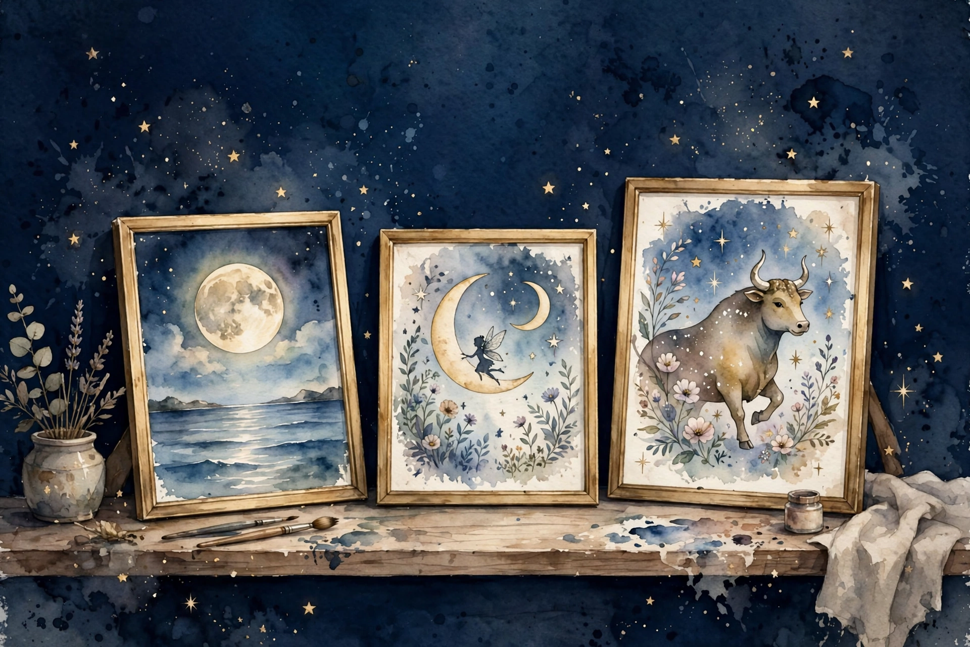 Illustration de trois petits tableaux encadrés de doré : une pleine lune sur la mer, une fée sous un croissant de lune, un taureau parmi les étoiles