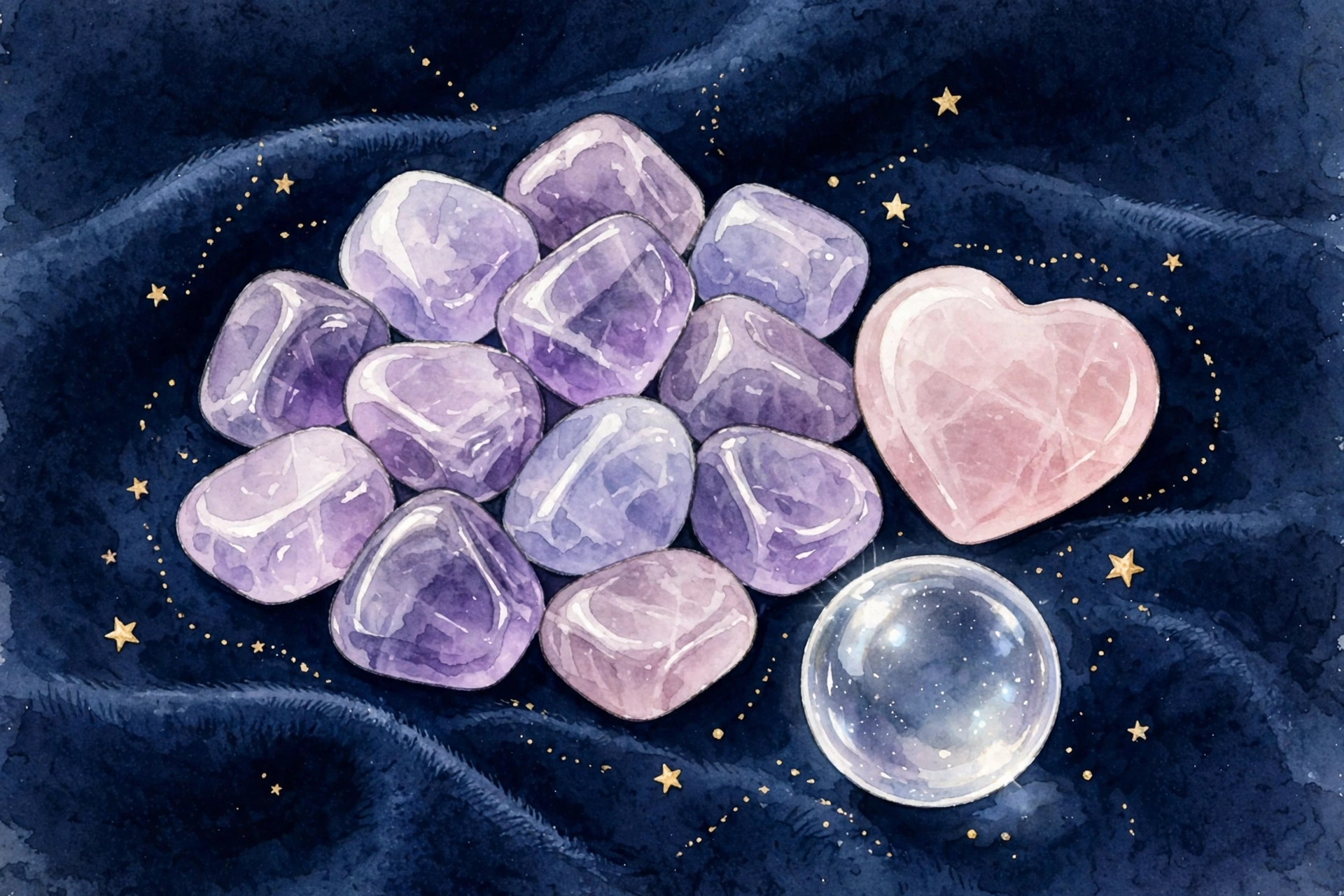Illustration de pierres roulées d'améthyste violettes, d'un cœur de quartz rose et d'une petite sphère de cristal sur un velours bleu minuit